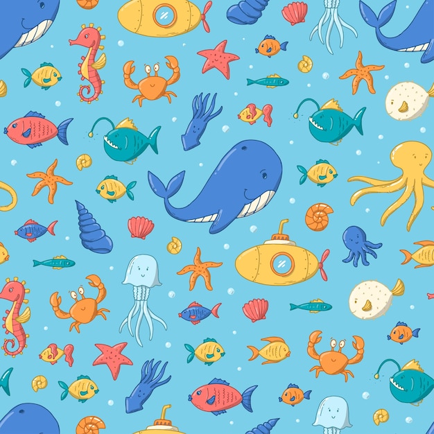 Sea pattern with doodles on blue background