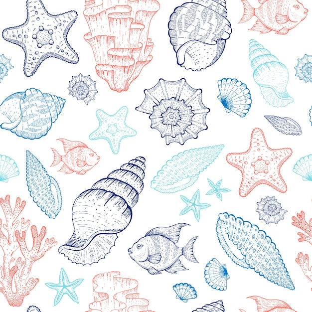 Sea pattern with seashell, coral reef, starfish, algae. Seamless ocean illustration. Marine vintage style.