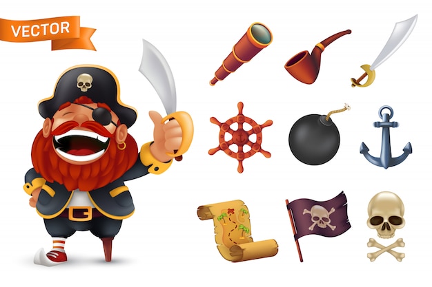 Sea pirate icon set with red-bearded captain character, human skull, saber, anchor, steering wheel, spyglass, bomb, pipe, black jolly roger flag and treasure map. illustration isolated on white