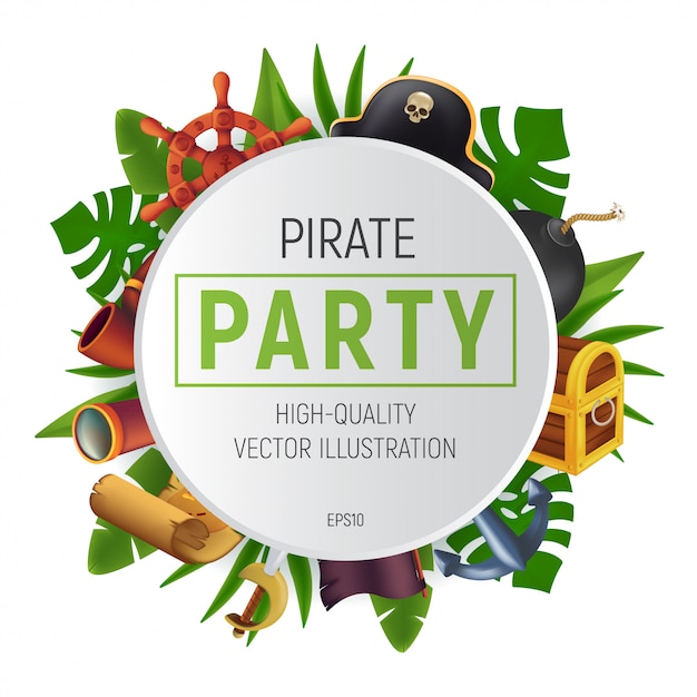 Морская пиратская вечеринка круглая рамка с тропическими листьями, саблей, якорем, рулем, подзорной трубой, черной бомбой, трубкой, древним сундуком, флагом и картой сокровищ.