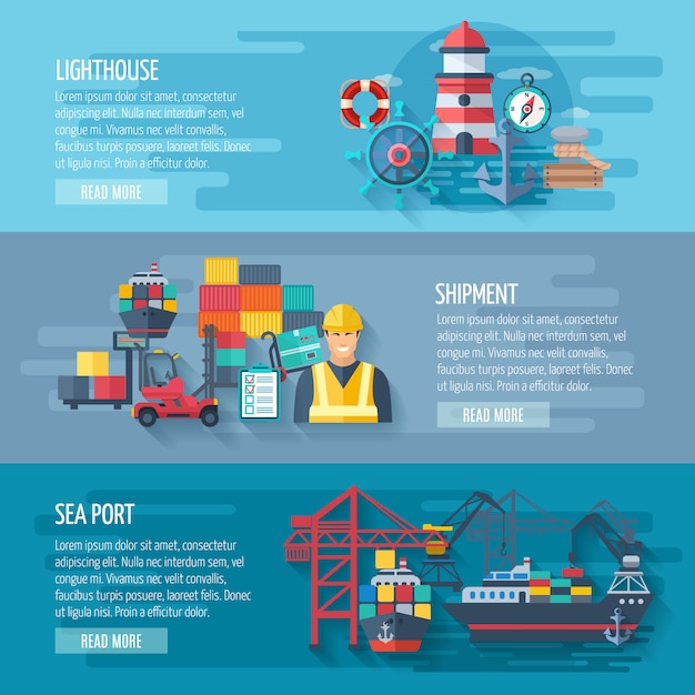 Vector sea port horizontal banner set