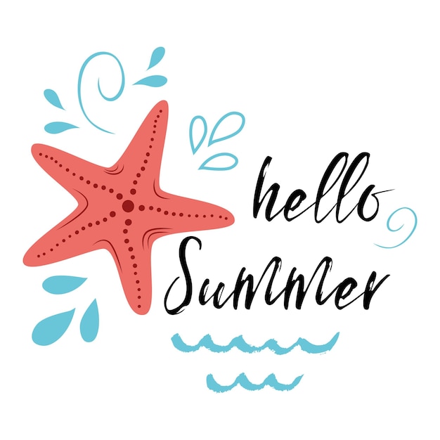 Sea poster with sea star fish phrase Hello summer wave seastar Vector typographic banner inspirational quote