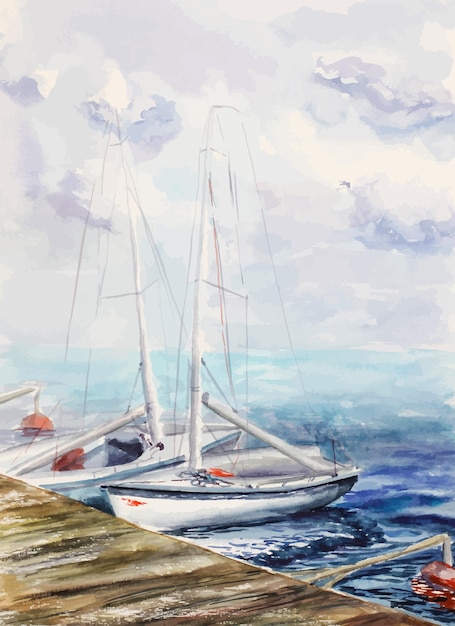 Yachting del fondo dell'illustrazione dell'acquerello di paesaggio marino nebbioso della barca a vela del fiume del mare