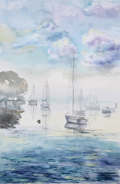 Sea river sailboat misty seascape watercolor illustration background yachting