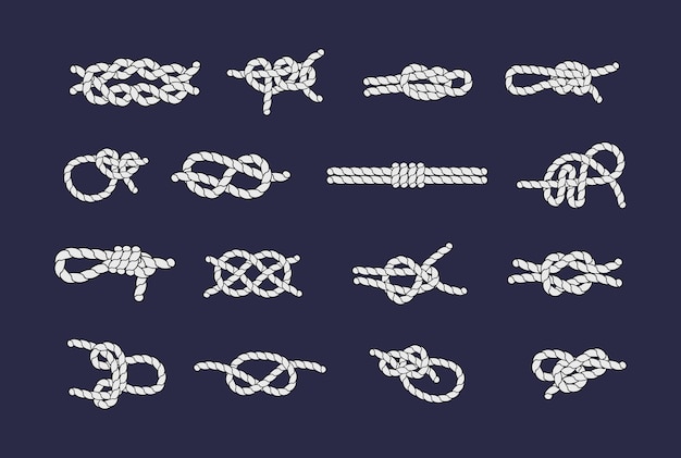 Sea rope knots and loops set. marine rope and sailors ship knot, cord sailor borders, knot sail, package rope, looped string, nautical loop vector illustration isolated