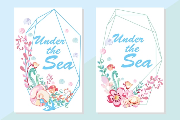 Sea round wreath , shell and corals, starfish and pearl, invitation card template with geometric frame.