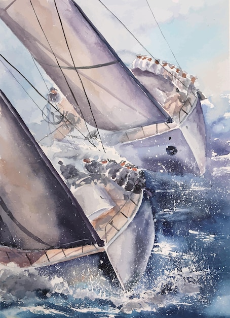 Vettore vista sul mare dell'illustrazione dell'acquerello dell'yacht della barca a vela del mare