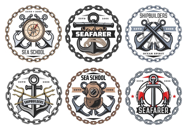 Vector sea sailing marine anchor and compass badges