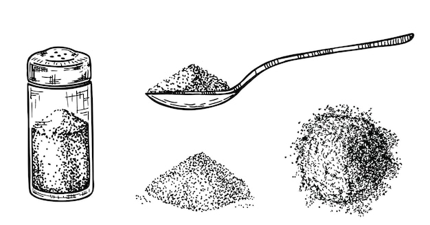 Vector sea salt hill of salt a salt shaker and a spoonful of salted seasoning pile of powder and spoon