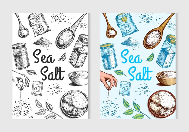 Sea salt posters and banners vintage labels glass bottles packaging and and leaves wooden spoons