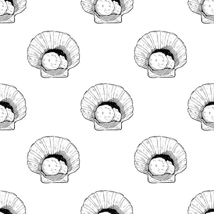 Vector sea scallop seamless pattern with hand drawing or sketch style