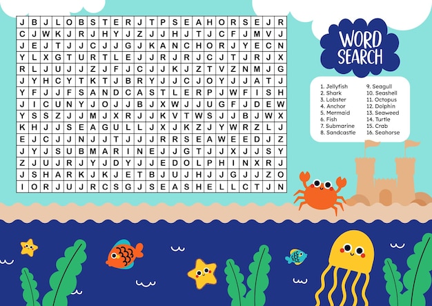 SEA schepsel woordzoeker schattig plat ontwerp vector afdrukbaar voor kinderactiviteit