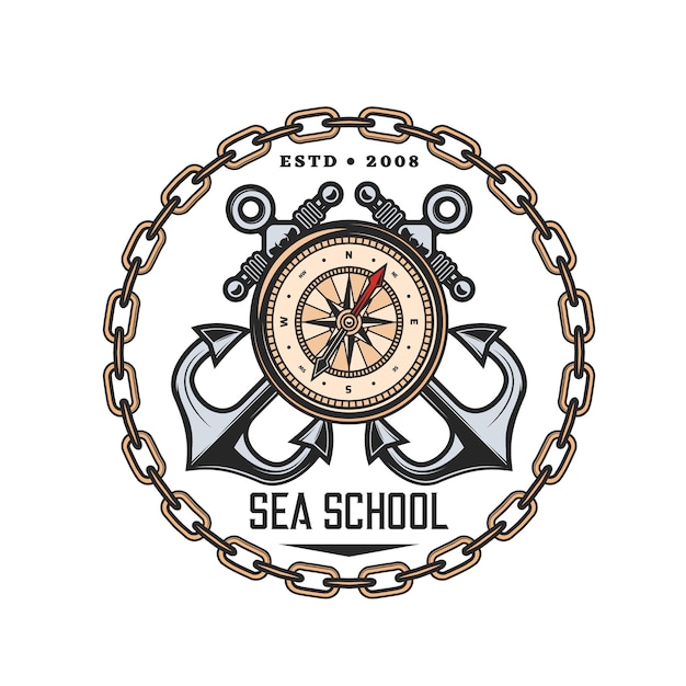 Sea school heraldic icon compass crossed anchors