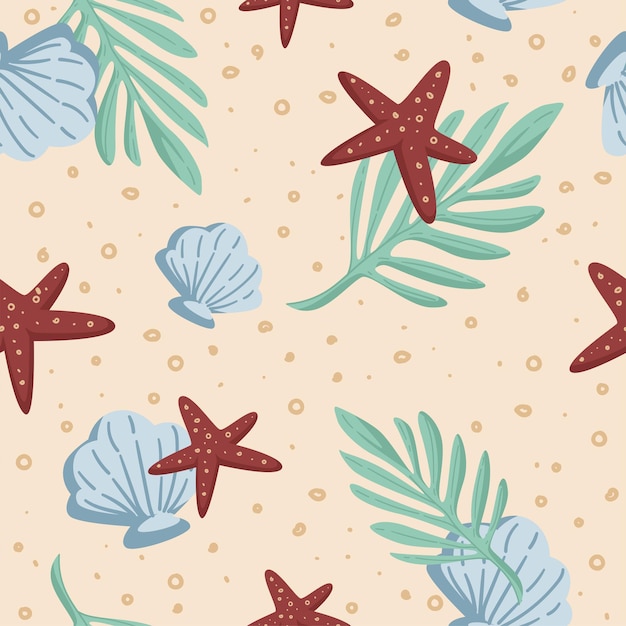 Vector sea seamless pattern with starfish shells leaf