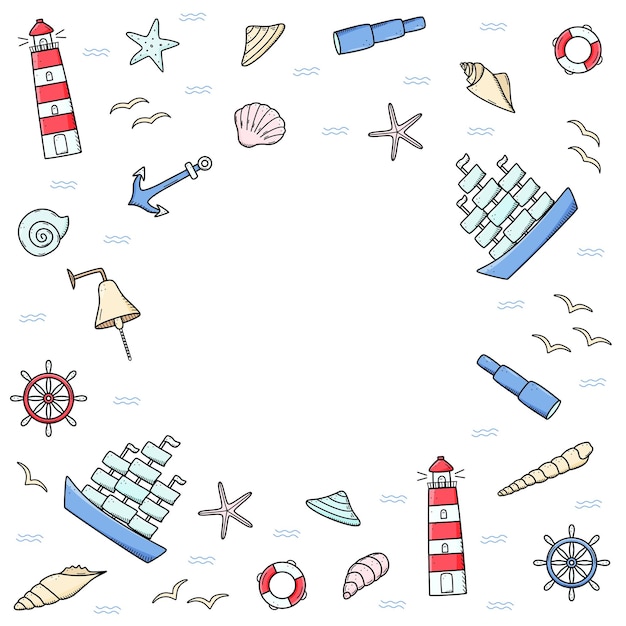Вектор Морской набор элементов иконы морской жизни корабельный телескоп, снаряды, спасательный круг, якорь, руль, бычий маяк и чайки, векторные иллюстрации, символы моряков или пиратов