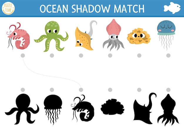 Under the sea shadow matching activity Ocean puzzle with cute octopus squid jellyfish ray fish sponge Find correct silhouette printable worksheet or game Water animals page for kidsxA