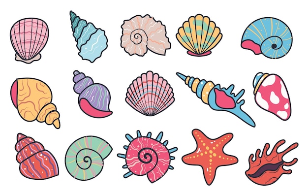 Vettore conchiglie, stelle marine, lumache, conchiglie marine, crostacei, vita oceanica, set isolato, elemento di progettazione grafica