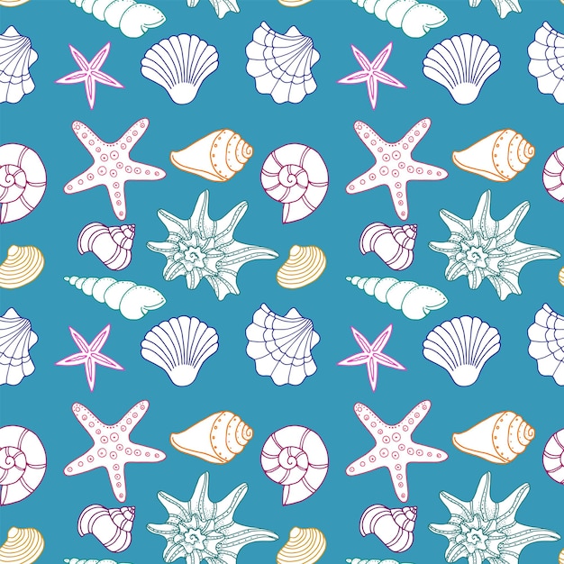 Sea shells blue pattern linear vector for coloring