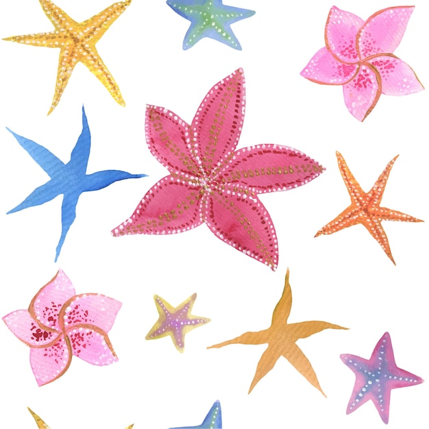 Vector sea shells and sea stars seamless pattern watercolor print