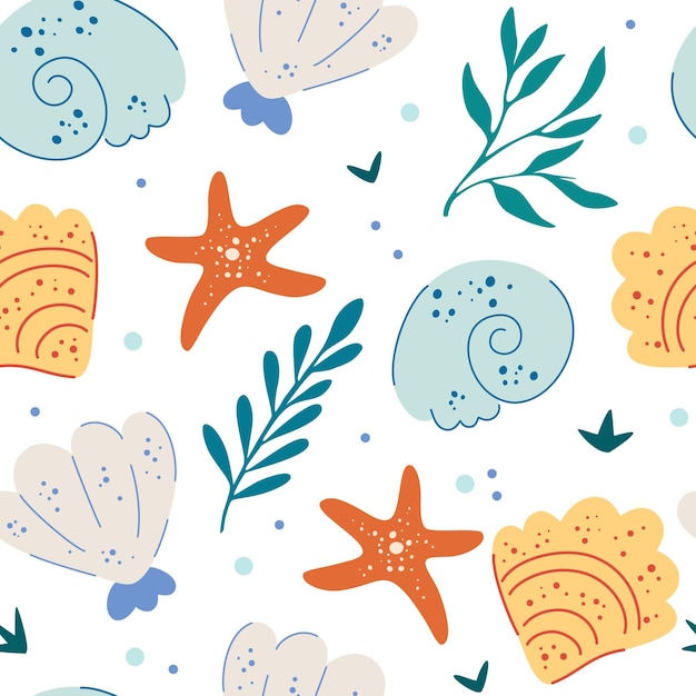 Sea shells and starfish seamless pattern cute ocean background fun underwater background