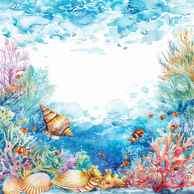 Вектор Морские ракушки тропические рыбы и яркие кораллы под водой в океане акварель иллюстрация