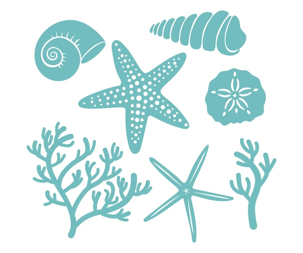 Sea shellsstarfish oester en clam Set van zeeleven hand getrokken vector illustratie