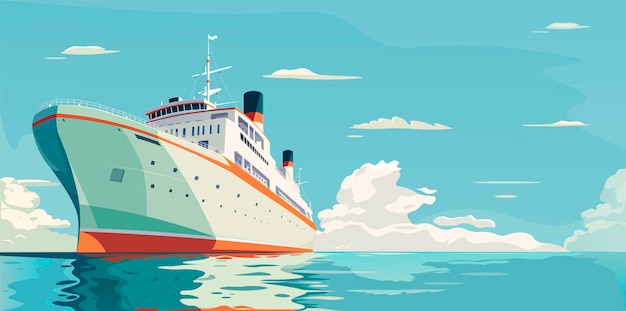 Sea ship cruise liner at blue ocean water Luxury resort huge boat summer vacation white vessel marine transport Calm journey tourist voyage holiday tour Seascape Vector illustration