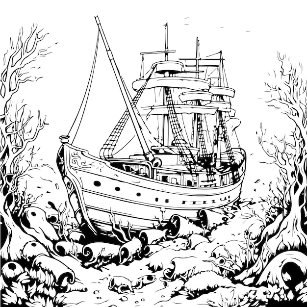 sea ship sailing in ocean coloring book pirates ship drawing vector