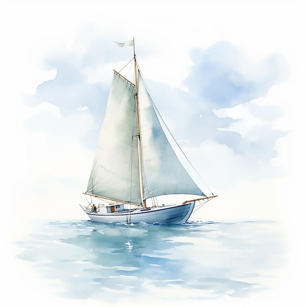 Vector sea ship water sail sailboat summer blue yacht ocean boat travel sky illustration watercolor art w