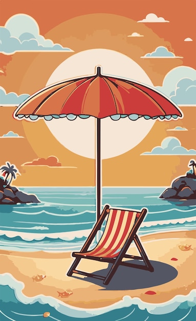 Illustrazione di un modello di camicia turistica con ombrello e panchina sul lato del mare