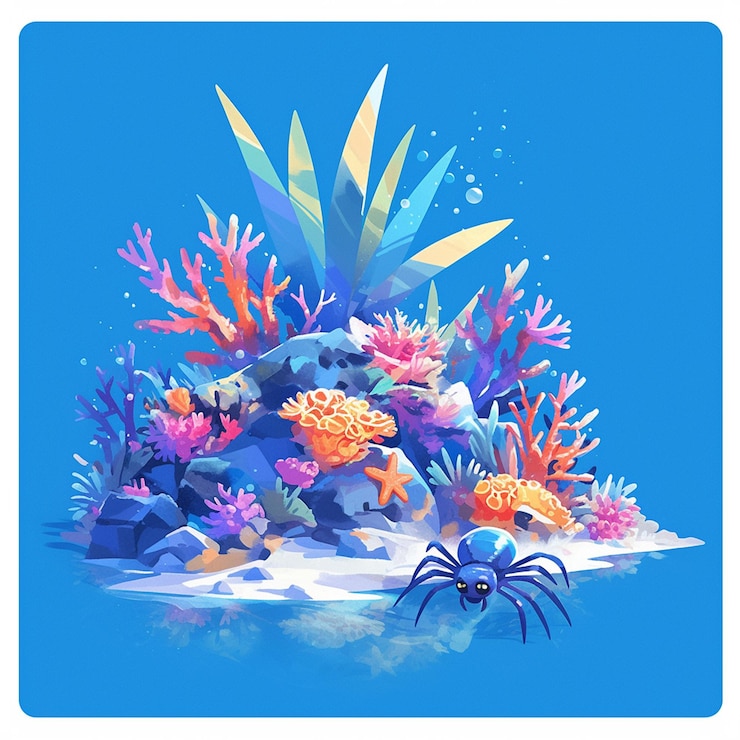 Vector sea spider crawling on coral