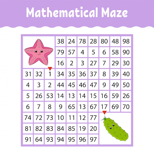 Sea star, vegetable cucumber. mathematical square maze. game for kids.