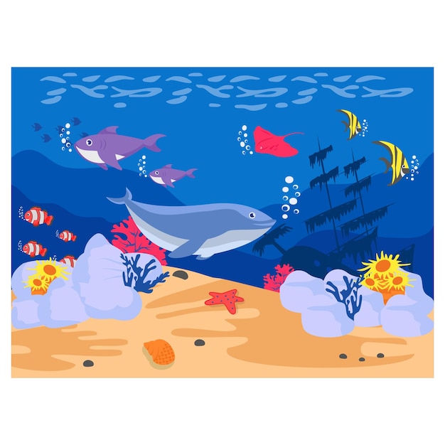 sea stars and fish with Seaweeds and stones undersea plants concept vector wildlife sea illustration