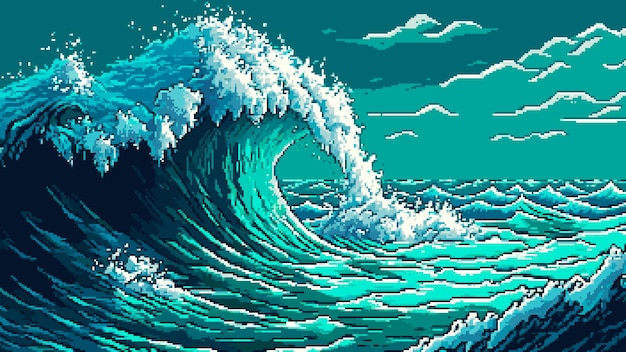 Sea storm tsunami wave landscape AI generated 8 bit pixel game scene with stormy ocean big water surf dark sky and clouds vector background Marine seascape with stormy weather and hurricane waves