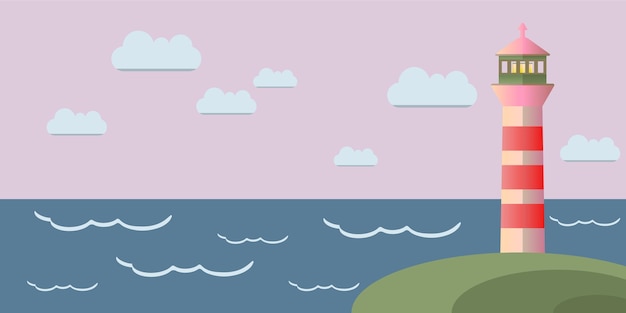 Вектор Морской полосатый маяк иллюстрация штормовой облачный пейзаж