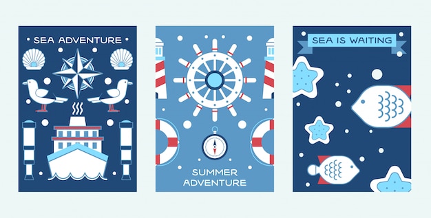Море летних приключений, набор плакатов морская коллекция таких вещей, как корабельный штурвал, подзорная труба, спасательный круг, маяк.
