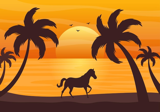 Морской закат пейзаж солнца над океаном с облаками, водной поверхностью, пальмой и пляжем в плоской фоновой иллюстрации для плаката, баннера или фона