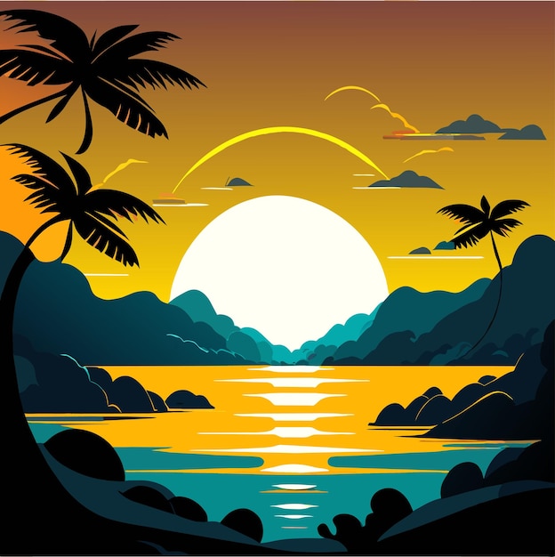 Sea sunset landscape of sun above ocean with clouds water surface palm tree and beach in flat back