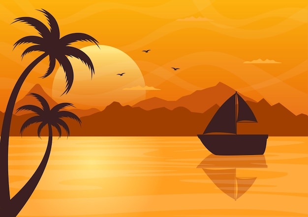 Paesaggio al tramonto sul mare del sole sopra l'oceano con nuvole, superficie dell'acqua, palma e spiaggia in un'illustrazione piatta dello sfondo per poster, striscioni o sfondo