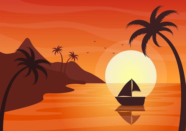 Sea sunset landscape of sun above ocean with clouds, water surface, palm tree and beach in flat background illustration for poster, banner or background