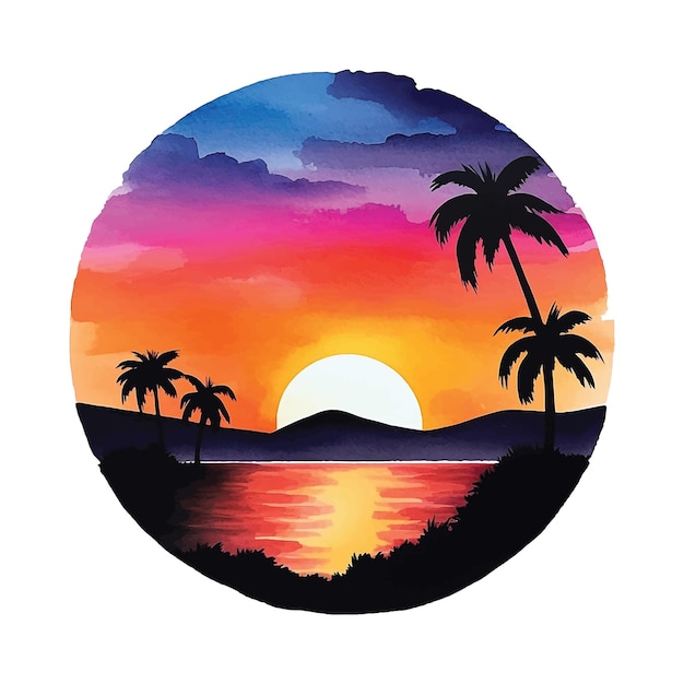 Sea sunset view with palms watercolor paint