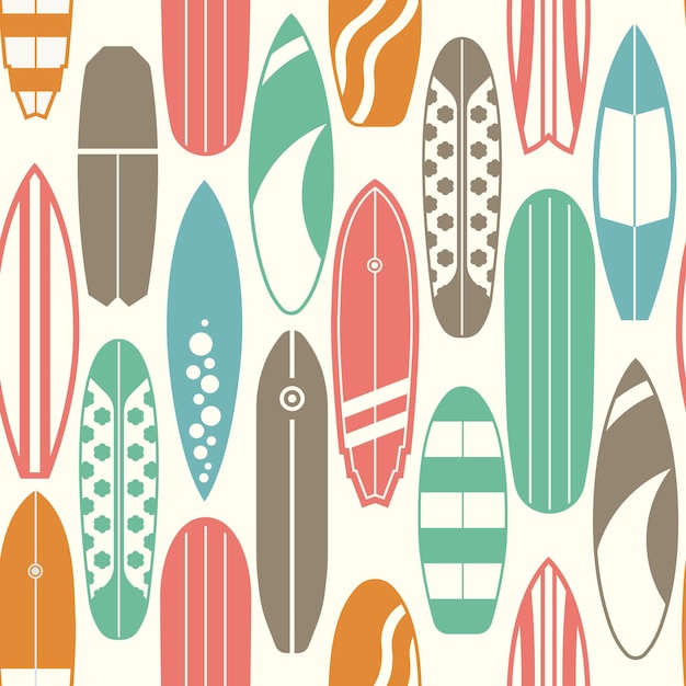 さまざまなタイプのサーフデスクでの海のサーフィンパターン。レトロな色のサーフボードのシームレスな背景。夏の旅行イラスト。サーフボードの背景の概要を説明します。