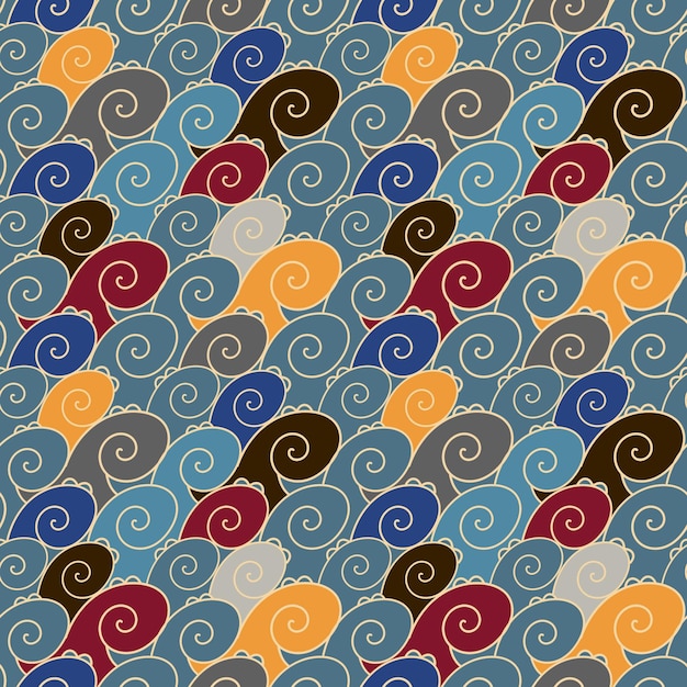 Sea swirling waves of blue, red, yellow, brown color. Seamless vector image on a blue background.