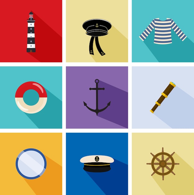 Simboli del mare su uno sfondo colorato in uno stile piatto