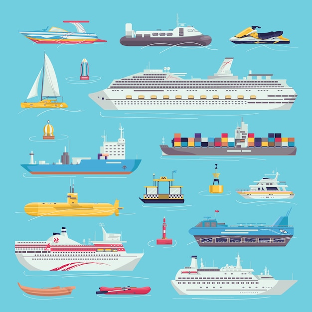 Sea transport set of water transportation shipping carriages   illustrations. Ship, yacht, boat vessel and cargo wherry, hovercraft. Nautical transporting carrier, freight.