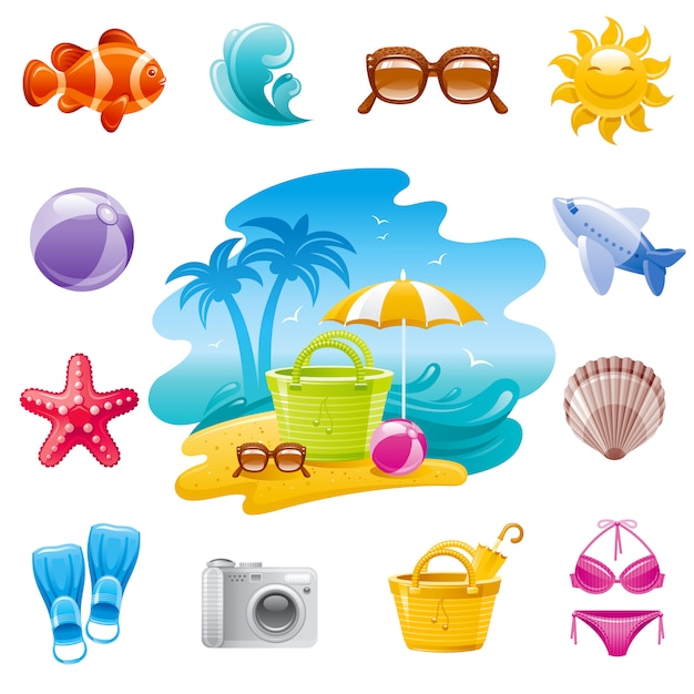 Sea travel cartoon icons. summer holidays set with landscape, tropical fish, sunglasses, wave, starfish, airplane, seashell, bag, straw hat.