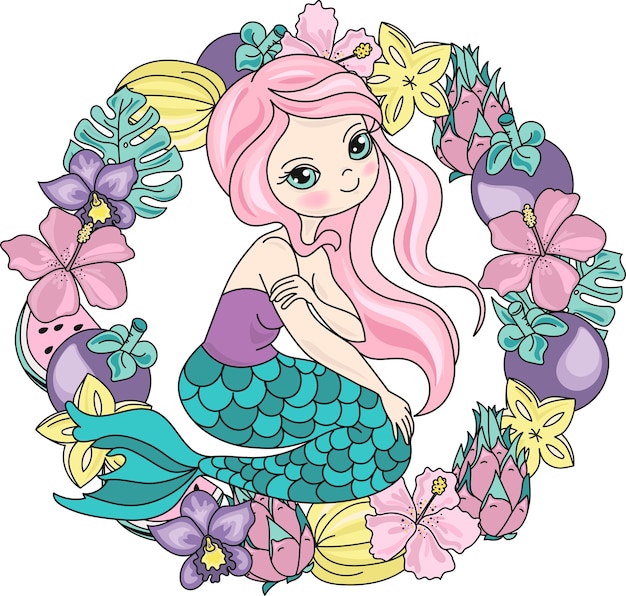 Sea Travel Clipart Color Vector Illustration Set MERMAID FRUITS