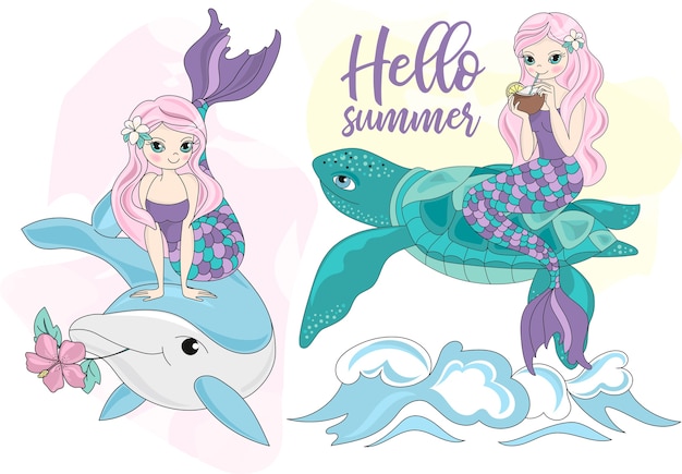 Sea travel clipart color vector illustration set mermaid turtle dolphin