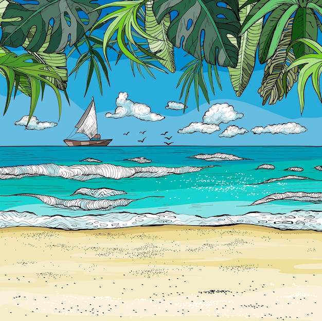 Vettore paesaggio tropicale del mare con barca a vela su palme orizzontali e spiaggia di sabbia