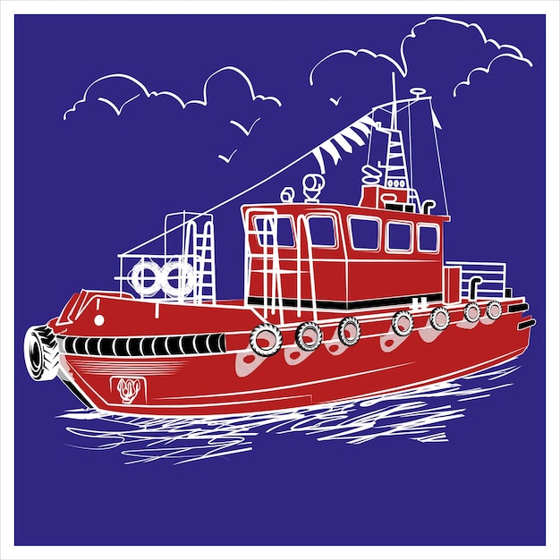 Vector sea tug color hand drawn vector illustration